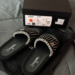 CHANEL Black and Gold Braided Knit Women's Mules